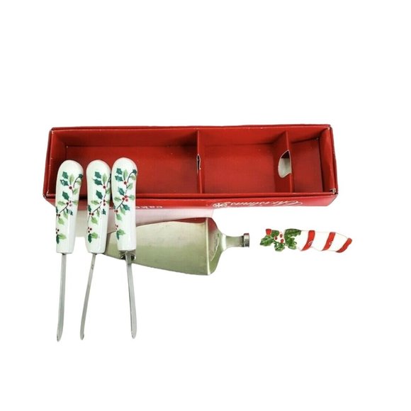 Christmas Pie Cake Server Cheese Knife Set Ceramic Handle Stainless Steel Holly - Picture 8 of 9